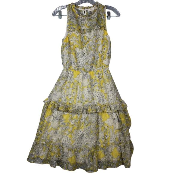 Monteau Los Angles Blouson‎ Dress Women's size XS Yellow Floral Ruffles Lined - Picture 1 of 7